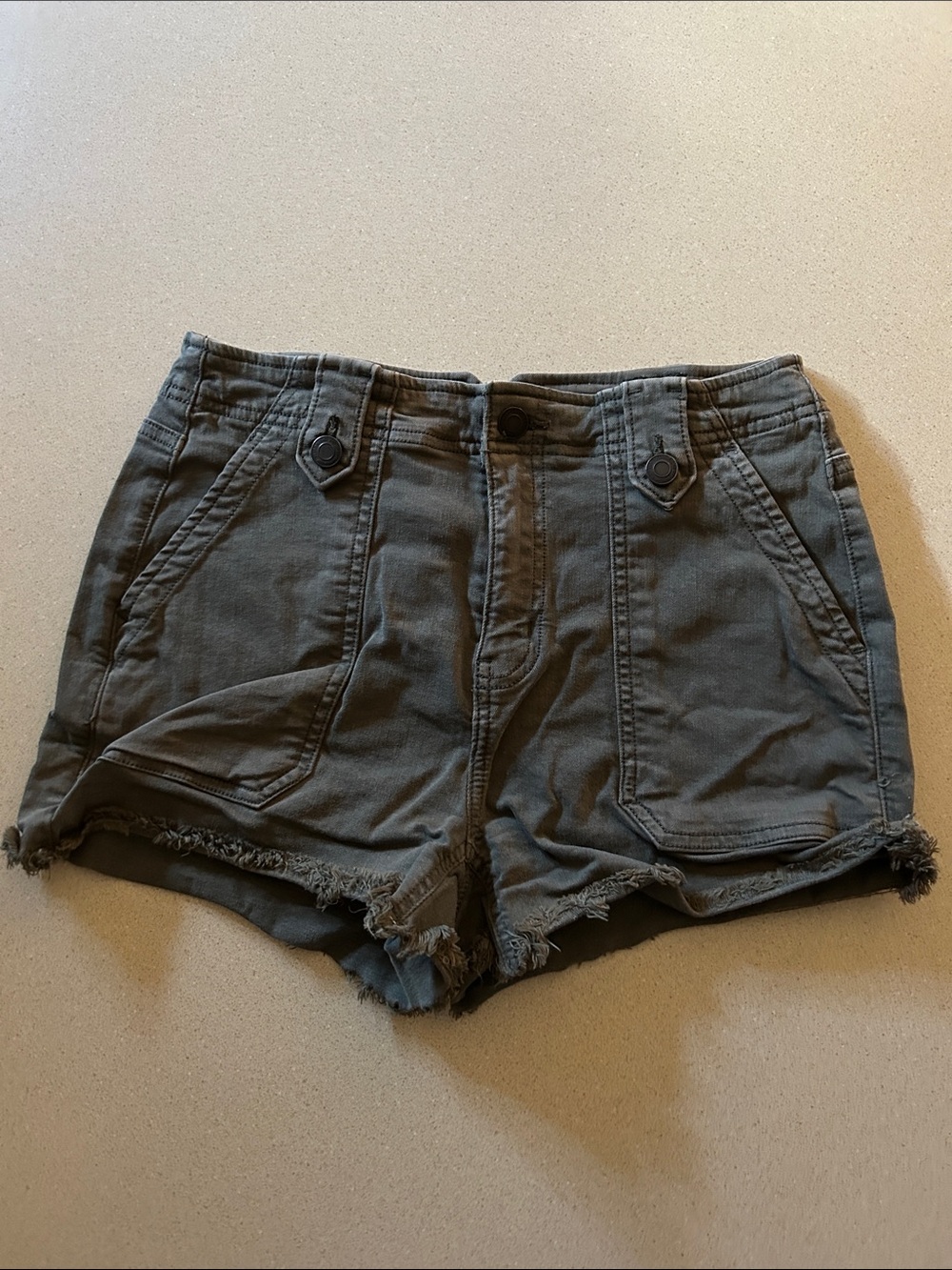 Washed Army Green High Rise Frayed Hem Utility Shorts